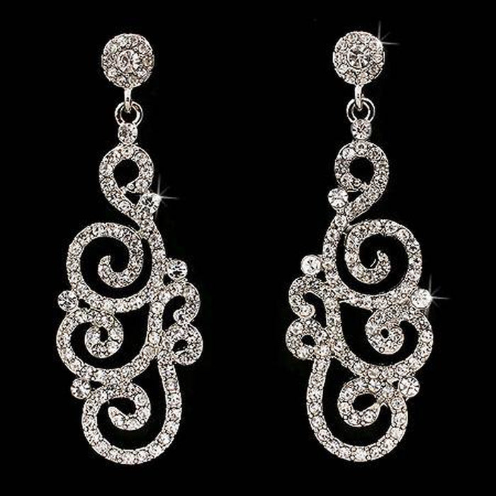 Bridal Wedding Crystal Rhinestone Swirl Vintage Dangle Earrings Silver