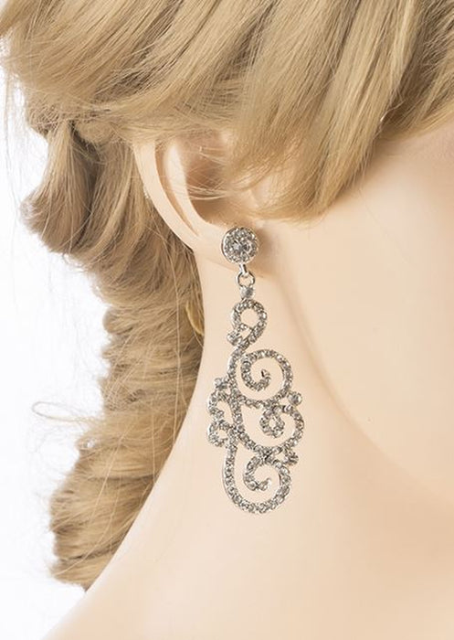 Bridal Wedding Crystal Rhinestone Swirl Vintage Dangle Earrings Silver