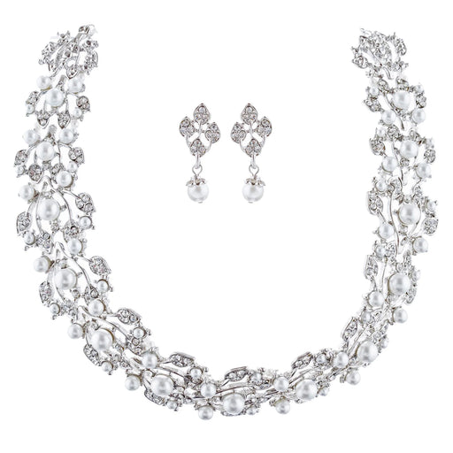 Bridal Wedding Jewelry Set Rhinestone Pearl Leaf White