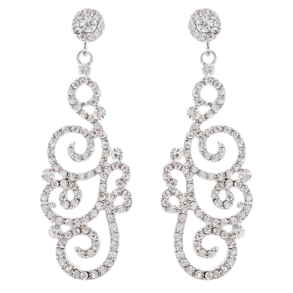 Bridal Wedding Crystal Rhinestone Swirl Vintage Dangle Earrings Silver