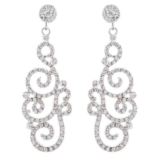 Bridal Wedding Crystal Rhinestone Swirl Vintage Dangle Earrings Silver