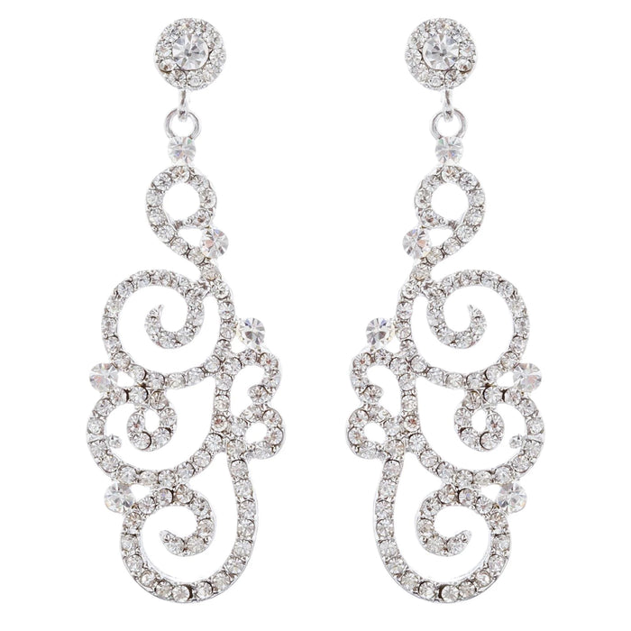 Bridal Wedding Crystal Rhinestone Swirl Vintage Dangle Earrings Silver