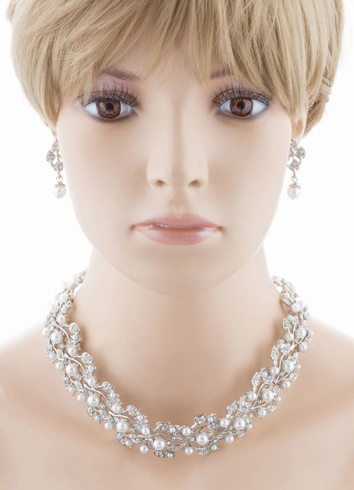 Bridal Wedding Jewelry Set Rhinestone Pearl Leaf White