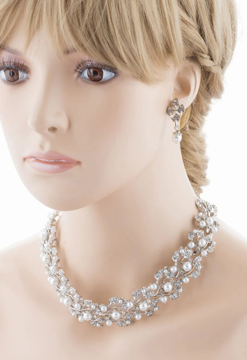 Bridal Wedding Jewelry Set Rhinestone Pearl Leaf White